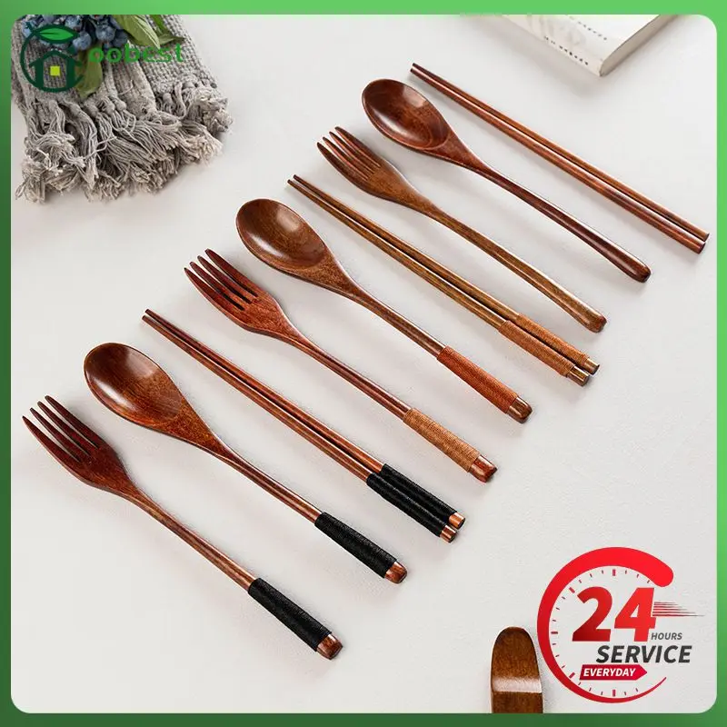 Wooden Tableware Fork Spoon Chopsticks 3pcs/Set Natural Long Handle Retro Style Portable wooden spoon,camping cutlery