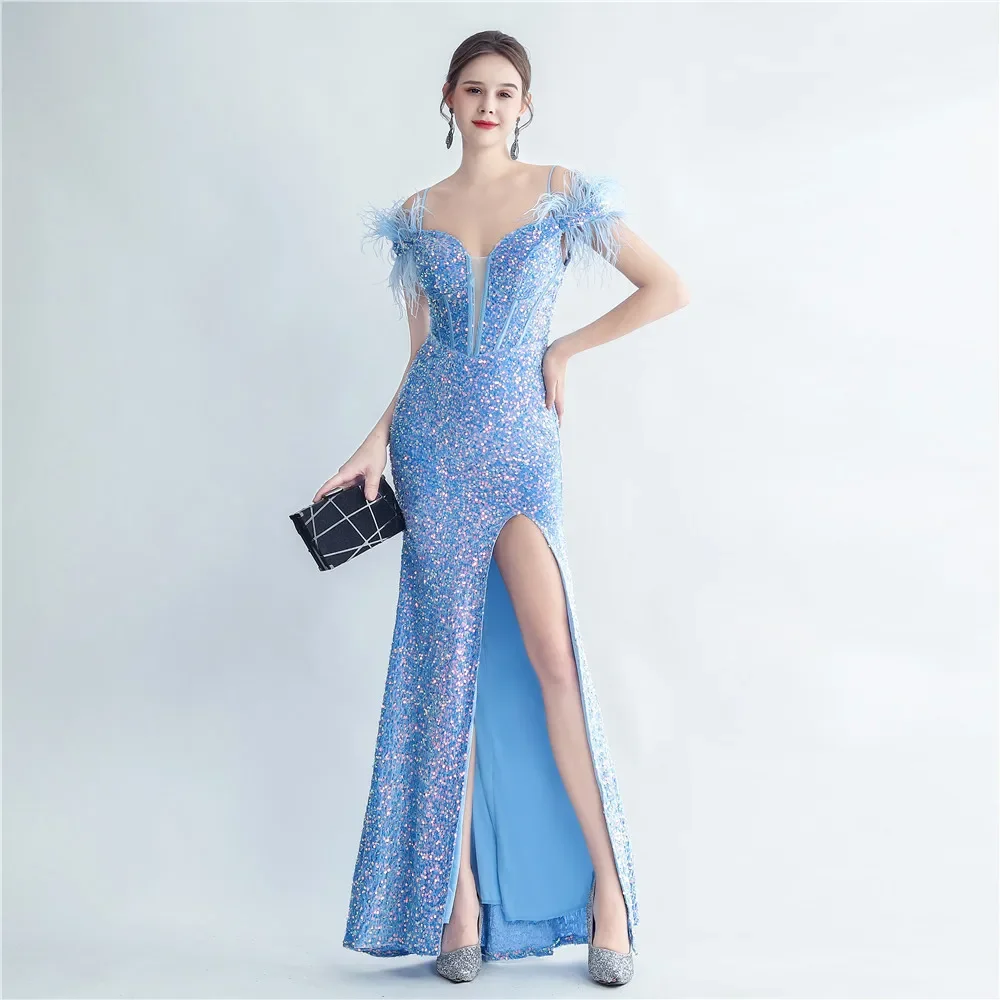 Sladuo Women Sexy Off Shoulder Sequin Ostrich Feathers Bandage Corset High Split Cocktail Evening Formal Party Dress Gown