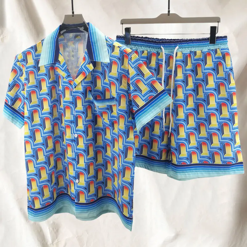 

Комплект рубашки с геометрическим принтом, короткий топ с отложным воротником и короткими рукавами, уличная одежда, повседневный мужской комплект, лето