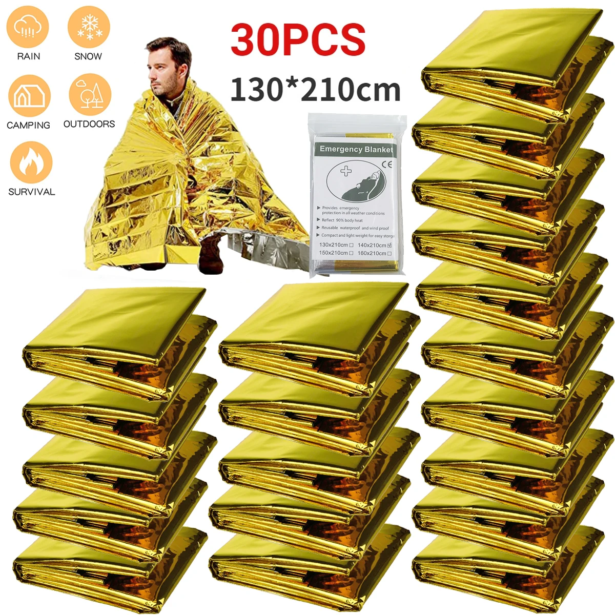 

5-30Pc Outdoor Emergency Gold-Sliver Survival Blanket Waterproof First Aid Rescue Curtain Foil Thermal Military Blanket130X210Cm