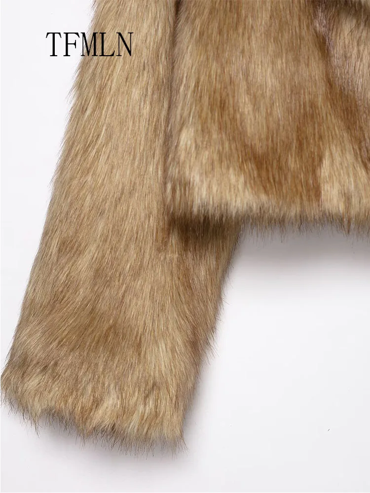 Vintage Women Faux Fur Cropped Coats 2025 Autumn Winter Causal Notched Long Sleeve Chic Jackets Retro High Street Solid Outwear