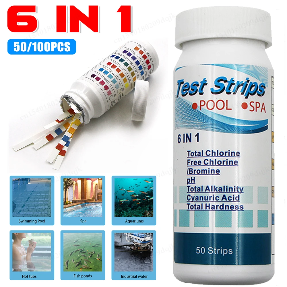 Pool water test strips 50/100pcs multipurpose 6 in 1 chlorine PH test strips SPA swimming pool water tester pape chlorine/PH/Bromine measure paper