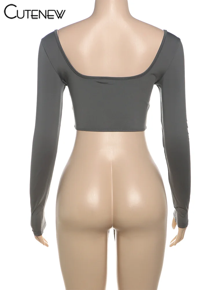 Camisetas clásicas para mujer, moda salvaje, vendaje, manga larga, cuello cuadrado, tops ajustados, camisetas de calle lisas y concisas para mujer