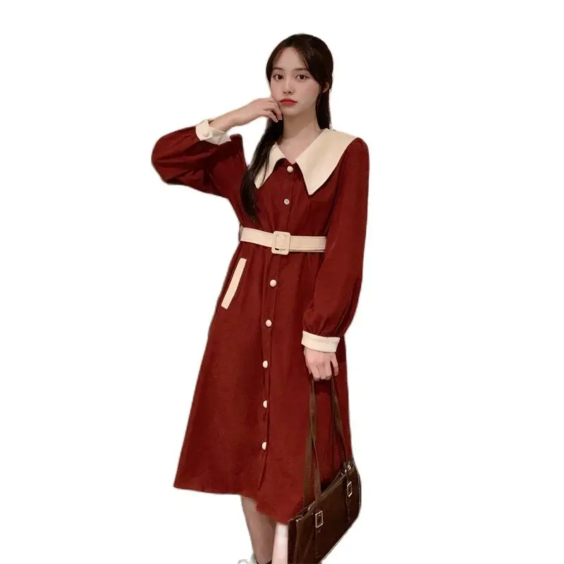 

Autumn Winter Block Color Pregnant Woman Nursing Dress Turn-down Collar Long Sleeve Office Lady Lactation Dress Breastfeeding