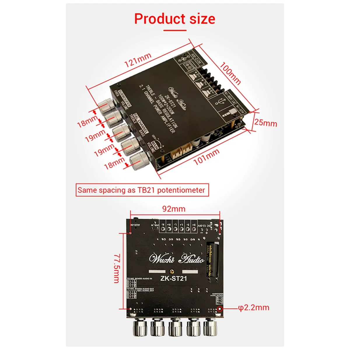 

ZK-ST21 Bluetooth Digital Amplifier Board 2.1 Channel 100Wx2+200W Subwoofer Chip TPA3221 HiFi Stereo Amplifier Board(C)