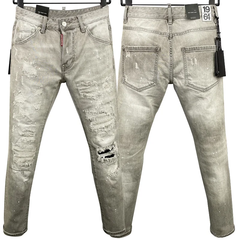 

starbags dsq 9832 D2 Men's denim trousers quadratic cat claw marks ripped gray small straight foot fashion trend jeans