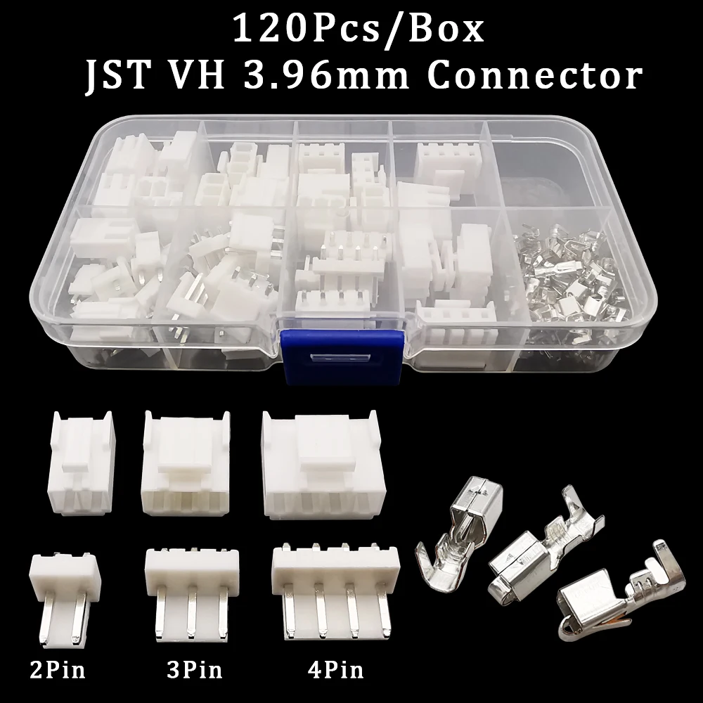 120Pcs/Box VH3.96mm Connector JST 3.96mm Pitch 2P/3P/4Pin Plastic Shell Male Plug + Female Housing + Pin Header Terminal Adapter 310pcs terminals set dupont wire jumper pin header connectors housing kit male crimp pins female pin connector pitch with box