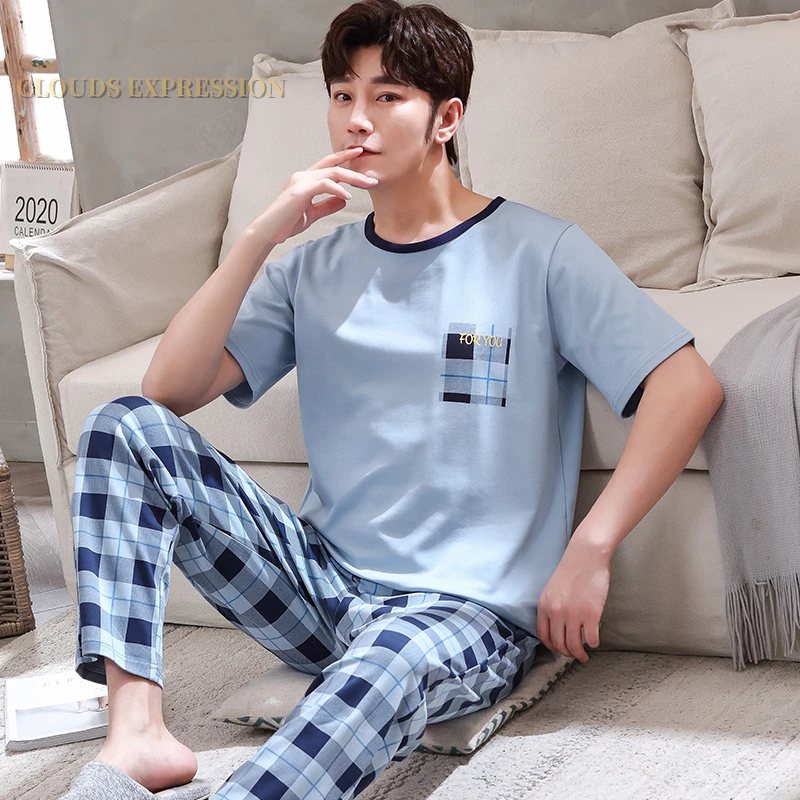 Summer Knitted Pj Short Sleeved Men's Pajamas Sets Male Pajama Set