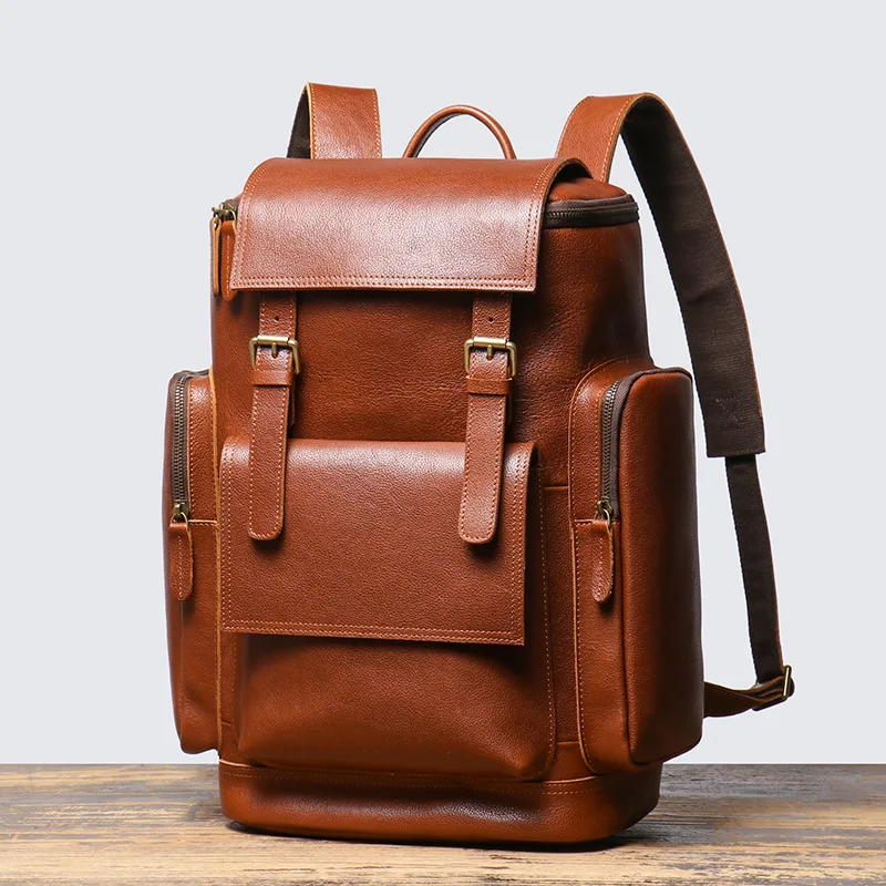 Genuine Leather Men's Travel Backpack Vegetable Tanned Cowhide Multifunctional Laptop Bag