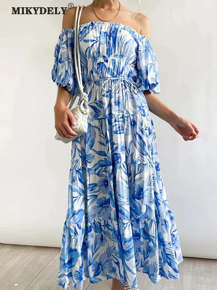 

Mikydely Print Off Shoulder Casual A Line Dress Loose Slash Neck Pleated Long Summer Dresses Casual Puff Shorts Sleeve Dresses