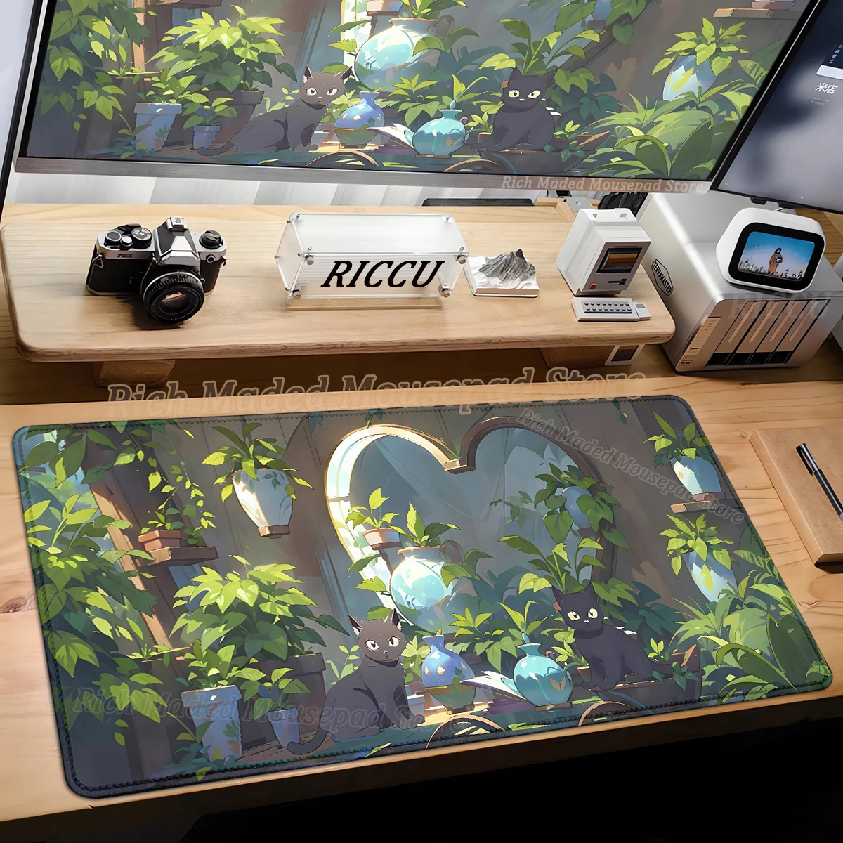 Anime Grüne Pflanze Landschaft Schwarze Katze Großes Mauspad 400x900MM XXL Gamer Mauspad Büro Tischset Schreibtischunterlage Gaming-Zubehör