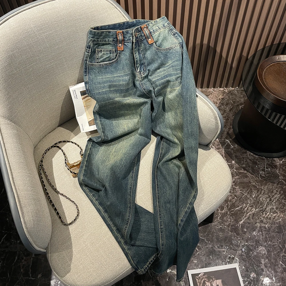 

Tie Dyed Contrasting Color Design Women's Straight Jeans Street Style Casual Pants Female High Waist Wide Leg Denim Trousers