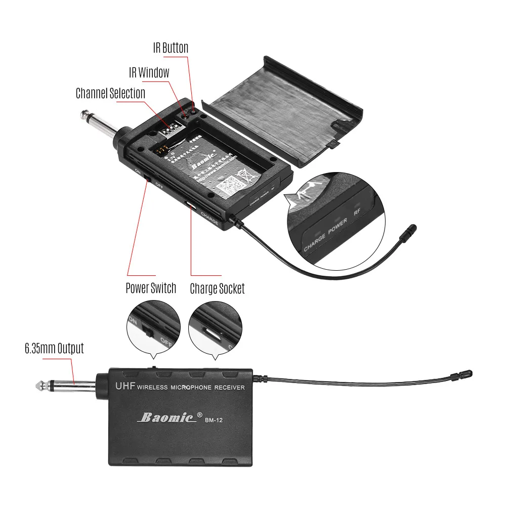 Baomic BM12 V2 Saxe Audio Professional UHF Wireless Instrument System Microphone Saxophone With Lithium Battery Charging