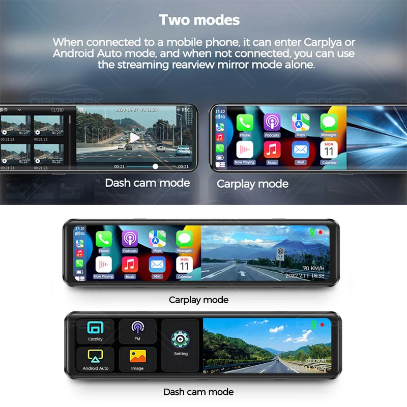 Car Dash Cam K4 11.26 Inch Smart Car Mirror Video Recorder Carplay & Android Auto 4K 2160P Wifi Rearview Camera DVR GPS Navigation Dual Len