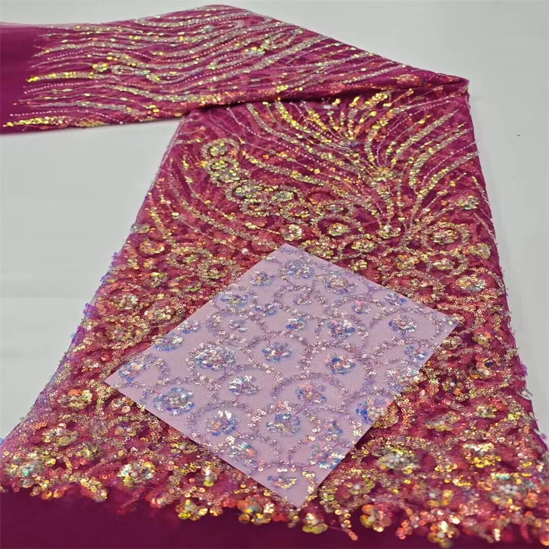 

African Beads Lace Fabric 2024 HIgh Quality Colorful French Sequined Mesh Lace Fabric for Sewing Luxury Wedding Party Dress
