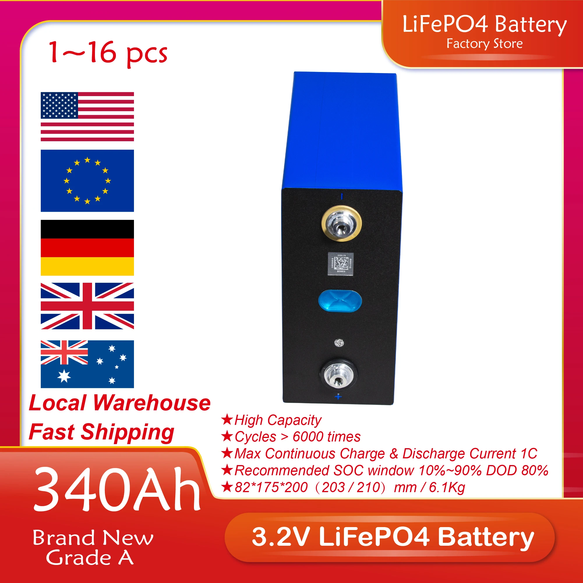 

2/4/8/16pcs 3.2V 340Ah LiFePO4 Battery Cells Lithium Iron Phosphate For Solar RV Brand New Grade A EU US Tax Free Fast Delivery