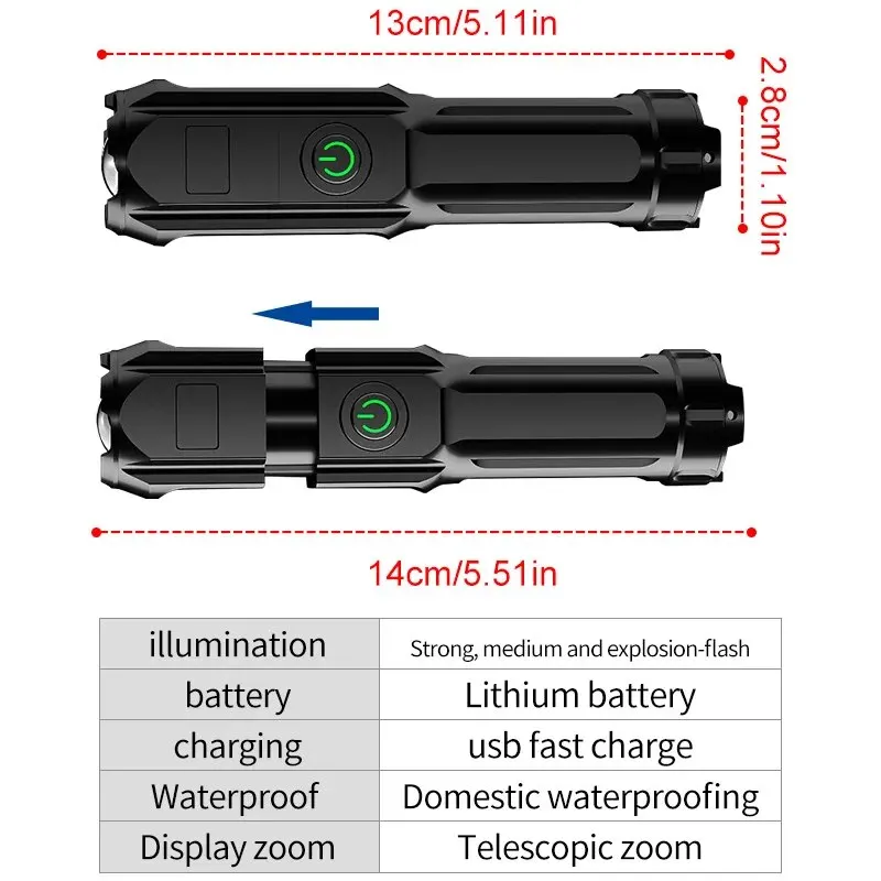 LED Flashlight 100000 Lumen Tactical Rechargeable USB 18650 Waterproof Zoom Fishing Hunting Handheld Flashlight