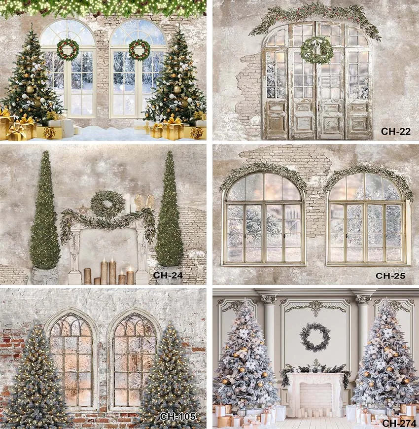 

Photography Background Christmas Winter Window Forest Brick Wall Xmas Trees Kids Portrait Decor Backdrop Photo Studio