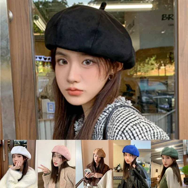 

Women's Windproof Warm Beret for Autumn Winter Suede Plush Campus Style Octagonal Hat Cold-resistant Brimless Dome Cap Y2k