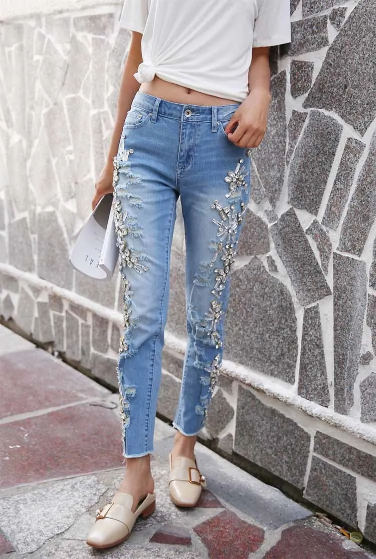 Top Fashion Women's Handmade Beaded Jeans Lady Rhinestones Diamond Denim Jeans Hole Skinny High Stretch Pencil Pants old navy jeans