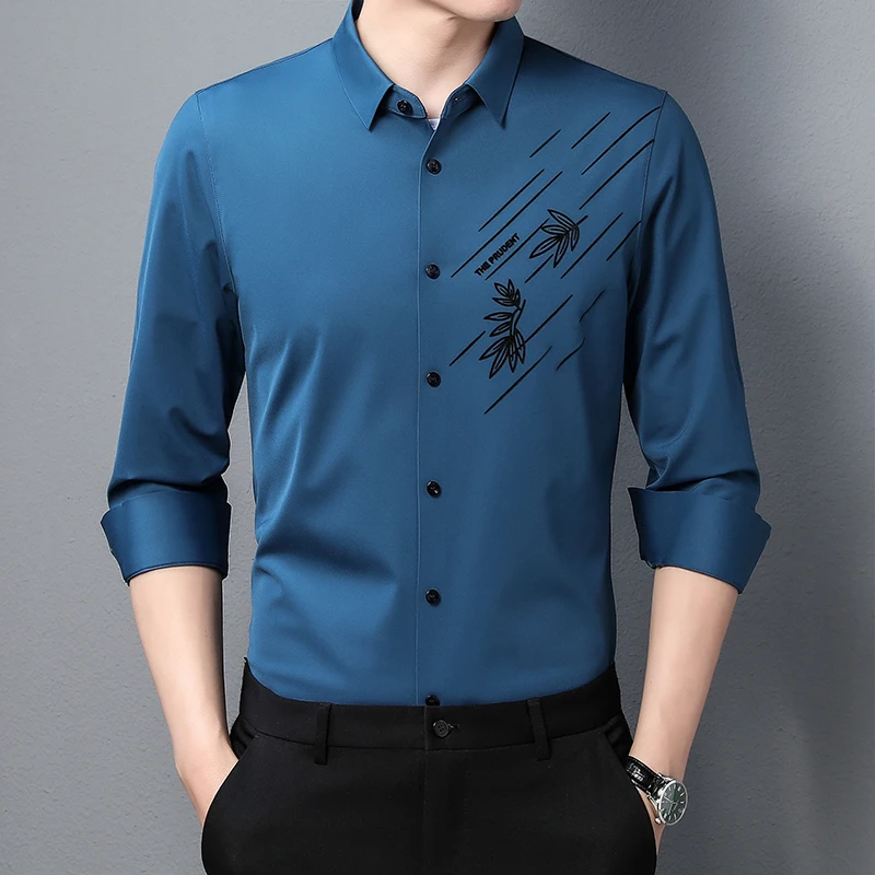 

Rhinestone Print High-End Seamless Casual Long Sleeve Men Shirt Spring Quality Silky Smooth Comfortable Fashion Camisa Masculina