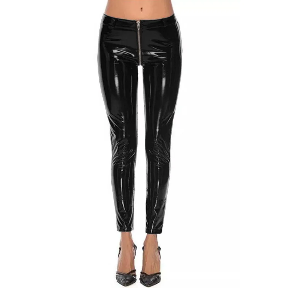 Women PVC Leather Legging Full Zipper Slim Faux Leather Pants Exotic Sexy Pencil Pants Open Crotch Erotic Club Skinny Trousers