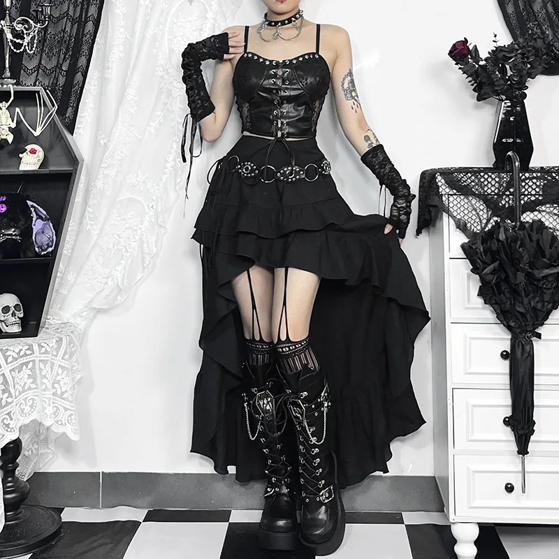 Gothic Kawaii Black Tiered Skirt with Irregular Hem – Retro 90s Inspired Party Fashion
