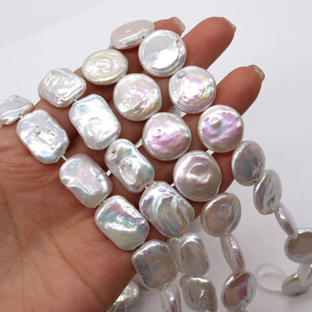 1 Strand 16-17mm 15x20mm Natural Freshwater Pearl Button Beads Flat Round Shaped RectangleDIY for Making Necklace Bracelets