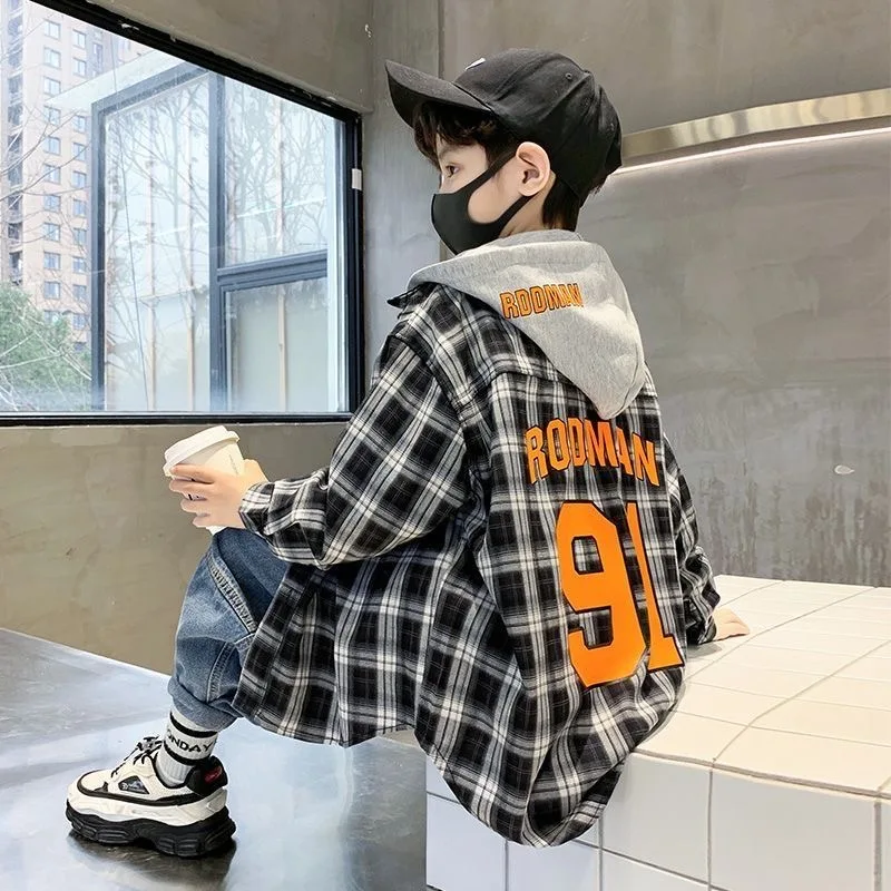 110-170cm Fashion Boys Shirts Long Sleeve School Blouse Loose Boys Cardigan Plaid Shirt For Children Tops Autumn Clothes