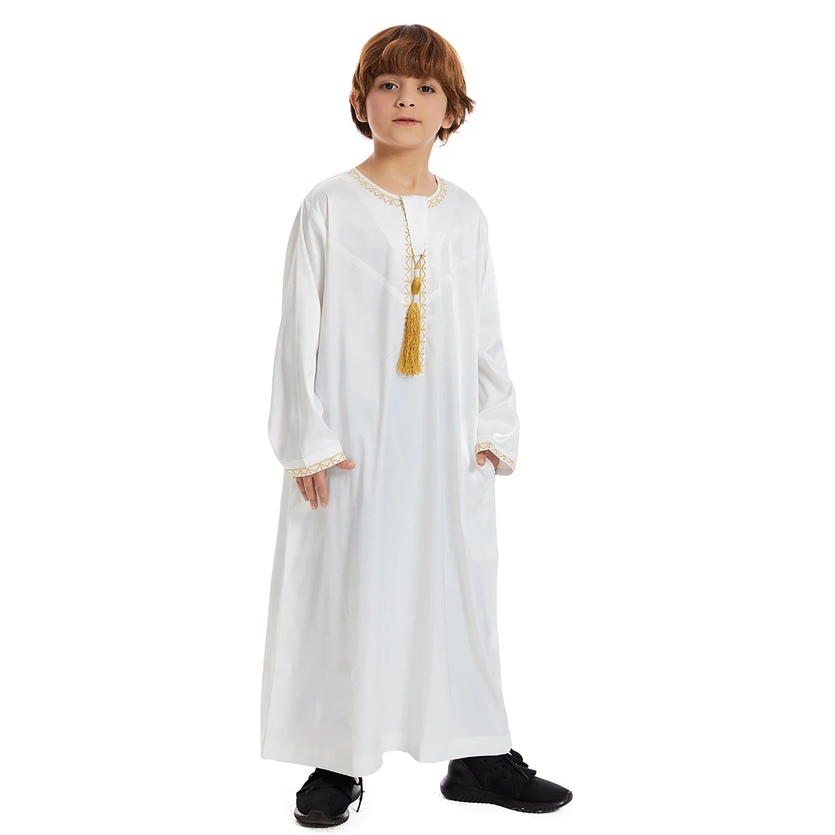 Teenage Muslim Boys Robe Round Collar Embroidered Long Sleeves Dress Gown Saudi Arabia Abaya Kaftan Jubba Thobe Islamic Clothing