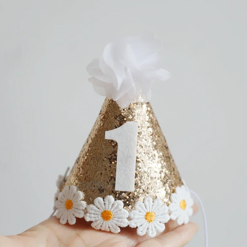 Ins Kids Birthday Party Hat 1 2 3 Baby Shower Decor Daisy Theme Birthday Headwear Glittler Hats For Baby Girl Pets Cap