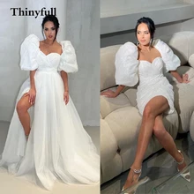 

Long Shiny A Line Sweetheart Long Wedding Marriage Dress Detachable Train Short Sleeves Pricess Side Slit Bridal Dresses Gowns