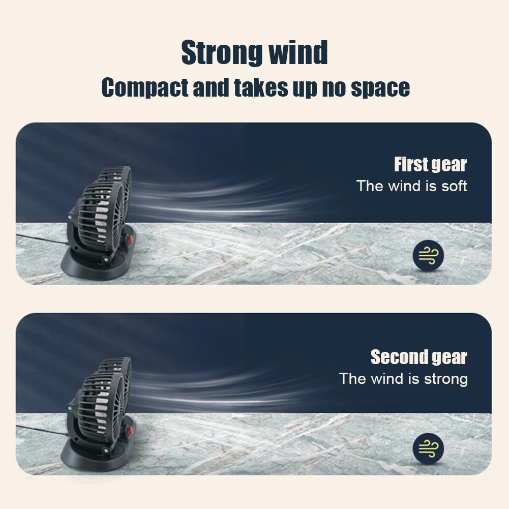 자동차 선풍기 듀얼 헤드 미니 냉각 선풍기 360, 자동차 트럭 SUV RV 크레인용, 2 단 회전 USB, 5 V, 12 V, 24V