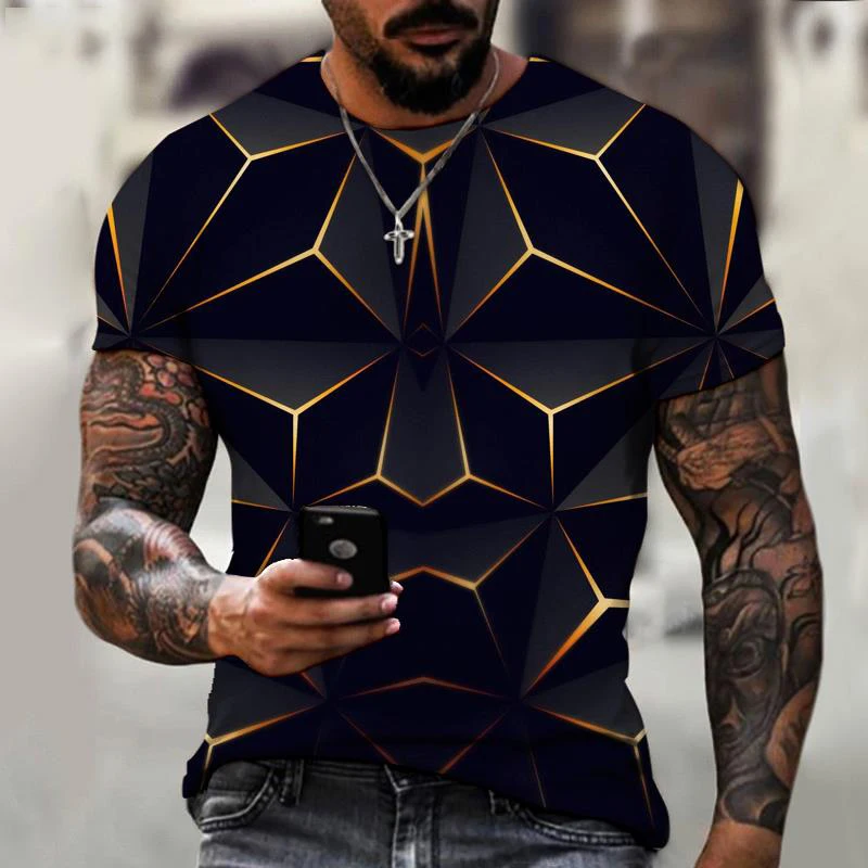 

New Trend Fashion Hip Hop Harajuku Street 3D Diamond Print Pattern Men's Summer Leisure Sports Clothing Top Short Sleeve T-shirt