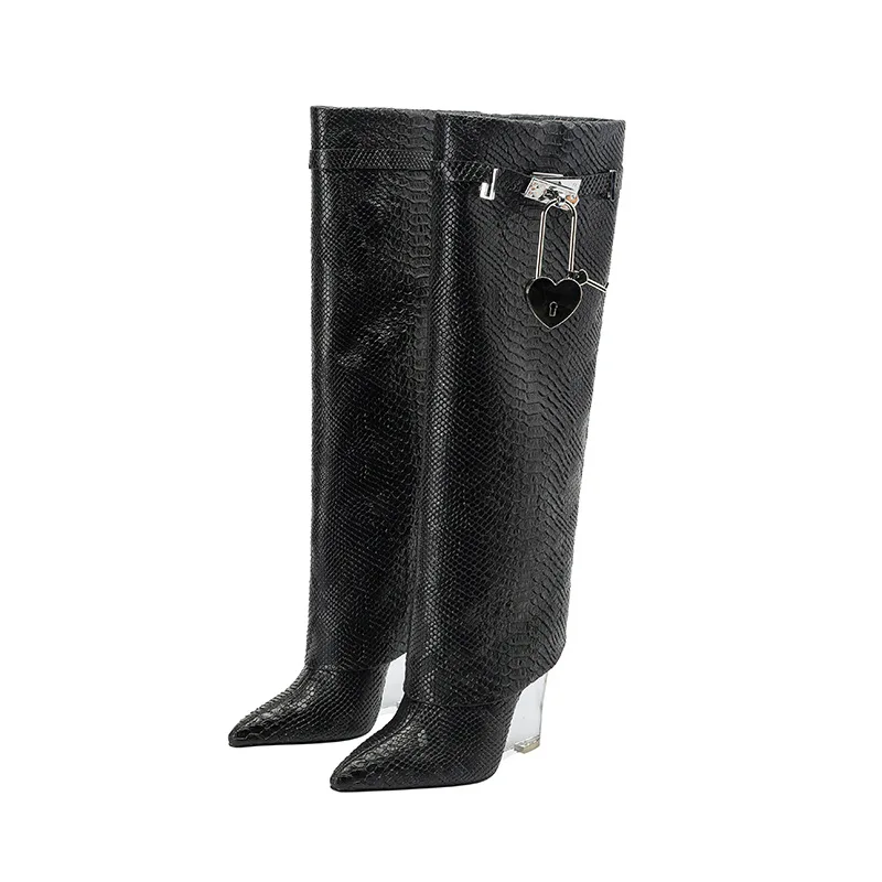 2023 Winter New Pointed High Heel Crystal Wedge Heel Large Peach Heart Buckle Knee Long Boots and Trouser Sleeve Boots