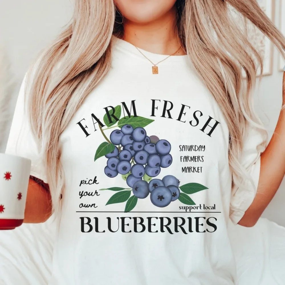 

Blueberries Fruit T-Shirt Women Support Local Farmers Market Tee Farmers Daughter Rural Tee-Shirt Fruit Stand Fruit Market Tops