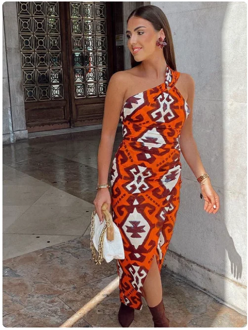 

Women Vintage Printed Slim Midi Dress Sexy One Shoulder Sleeveless High Waist Split Dresses Summer Fashion High Street Vestidos