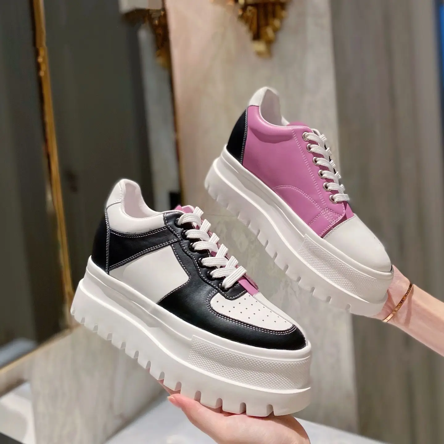 

Women High Heels Shoes Platforms Chunky Sneakers Spring Luxury Designer Brand Fashion Design Mixed Color Height Increasing 2023