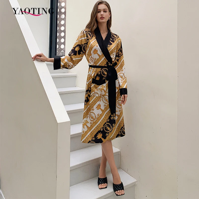 Yaoting Satin Bathrobe Woman Long Printed Gold And Black Dressing Gown