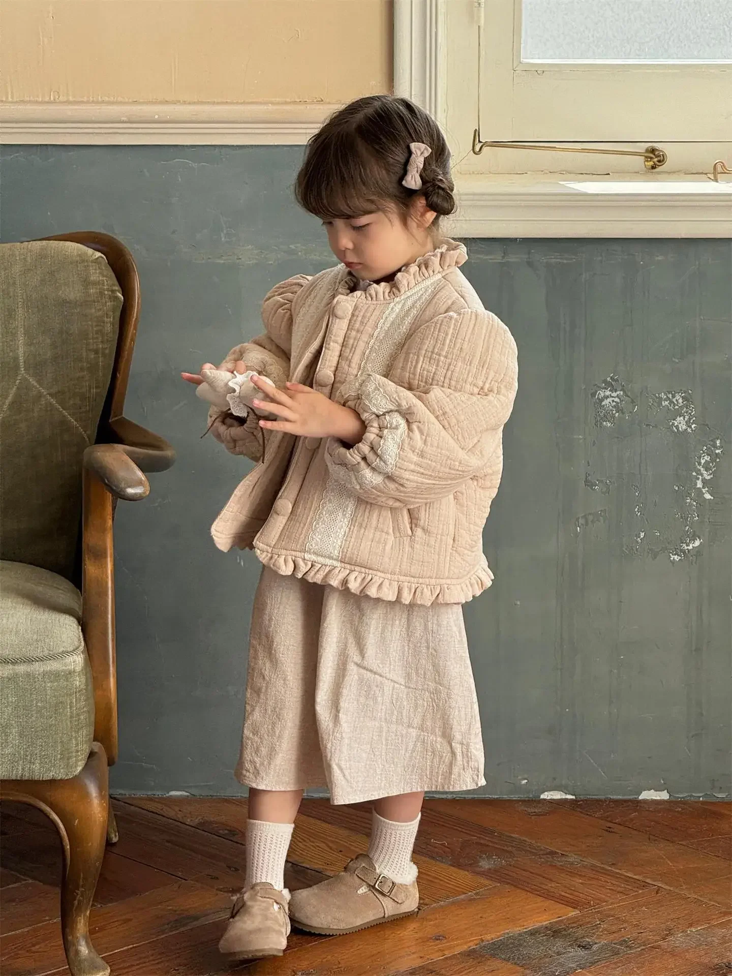 Children Clothes Korean Style Girls Coat Winter New Solid Color Lace Cute Cotton-padded Jacket Fashionable Warm Kids Jacket
