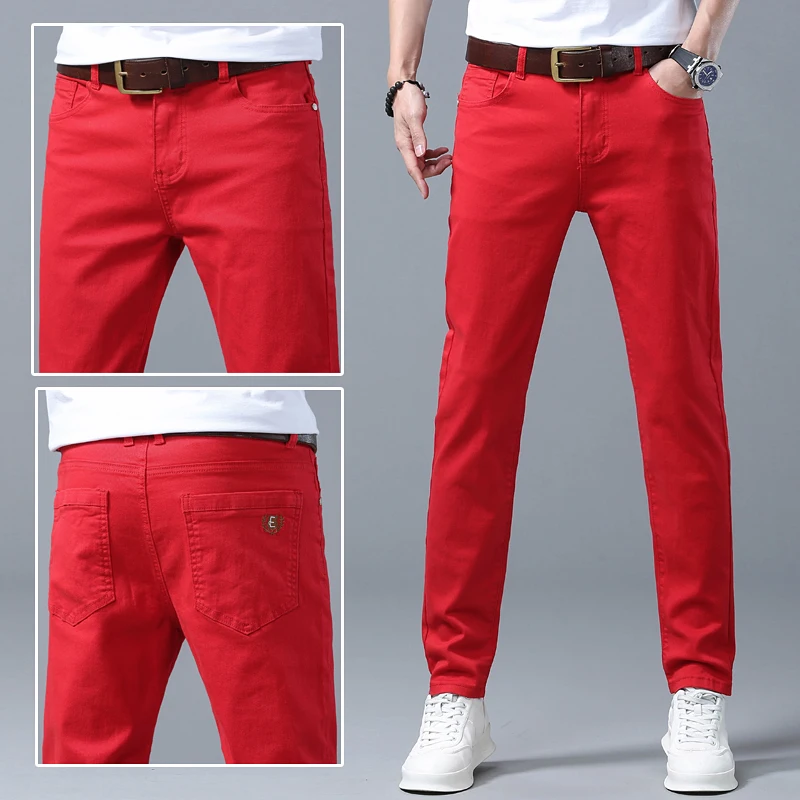 Classic Men's Regular Fit Pink Red Yellow Jeans Business Fashion Denim Advanced Stretch High Quality Cotton Trousers Male Pants 2