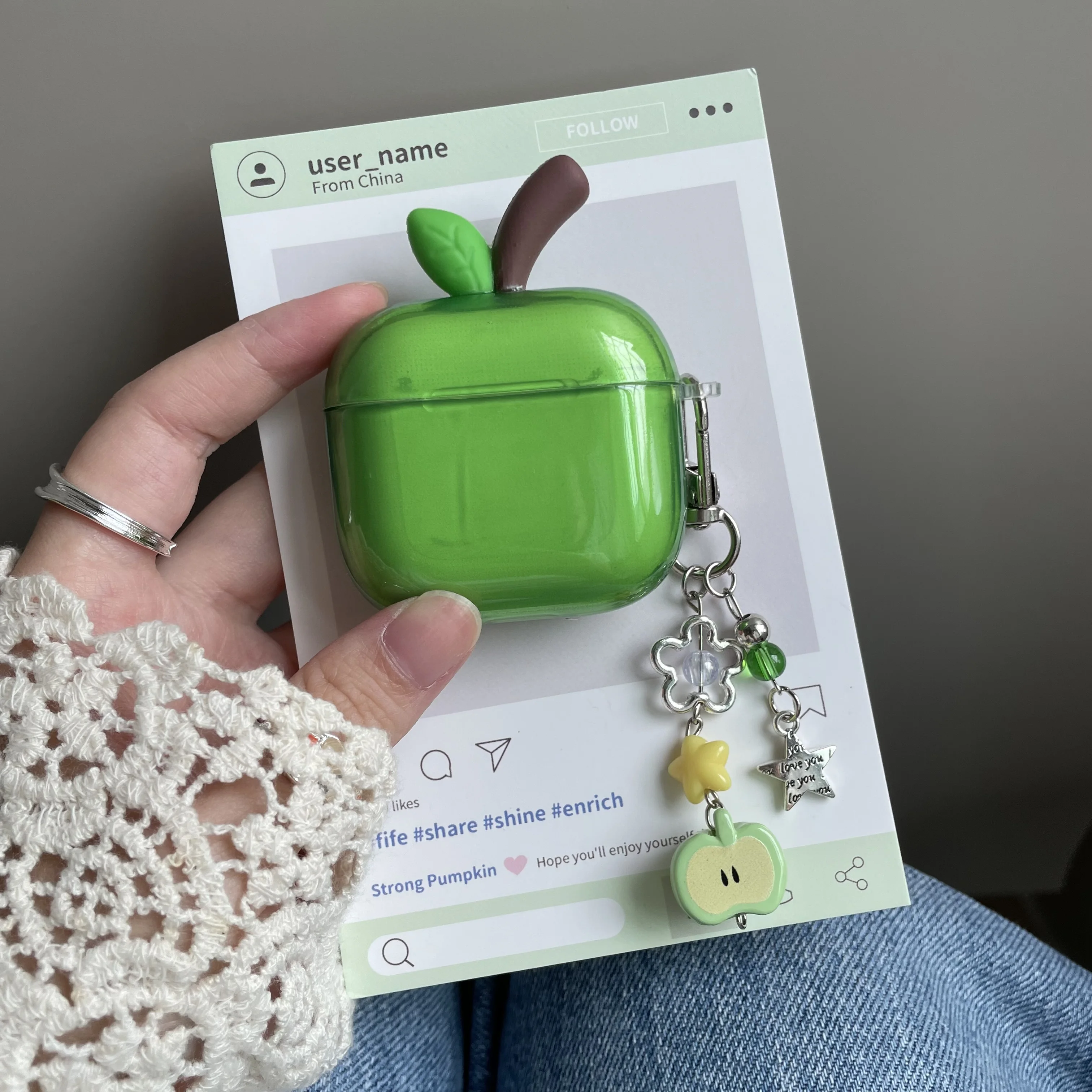 Translucent Red Green Apple Earphone Case with Cute Pendant