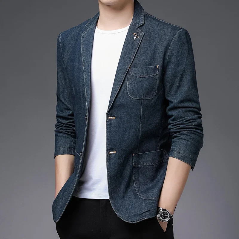 Spring Autumn New Men's High-quality Brand Business Casual Suit Jacket Men Fashion Slim Fit 2 Button Blue Denim Blazer Male