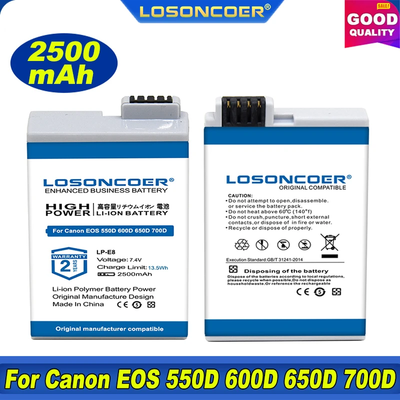 100 Original Losoncoer 2500mah Lpe8 Battery For Canon Eos 550d 600d 650d 700d Kiss X4 X5 X6i