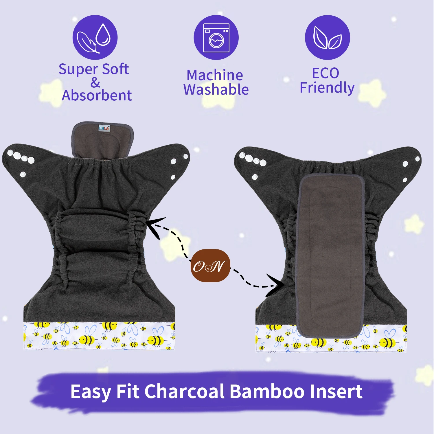 ALVABABY Bamboo Charcoal Cloth Diaper Double Gussets and Tummy Panel Each 1pc 4-layer-Charcoal-Blend Insert cloth diapers cloth diaper insert