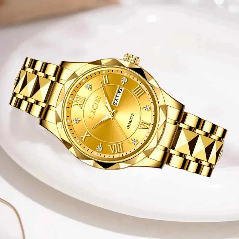 LIGE Ladies Wristwatch Luxury Waterproof Luminous Date Gold Watch For Women Dress Stainless Steel Quartz Women's Watches+Box