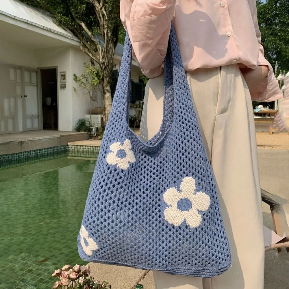 

Flower Crochet Storage Bag Hollowed-out Large Capacity Beach Bag Shoulder Bag Tote Bag Woven Knitted Bag Women Handbag