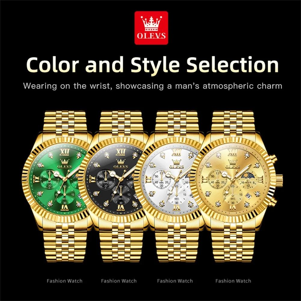 OLEVS 2932 Men's Watch 43mm Big Dial Chronograph Quartz Watch For Men Moon Phase Date 30M Waterproof Male Wristwatch Steel Strap