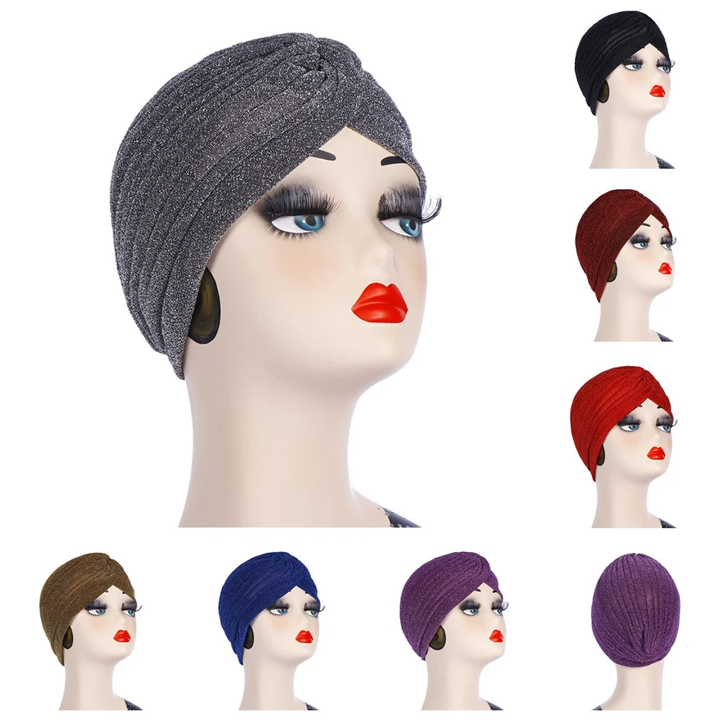 

Street Fashion Muslim Turban Bandana Pleated Indian Hat Bright Silk Instant Hijabs for Women Turkish Scarves Head Wrap Cap