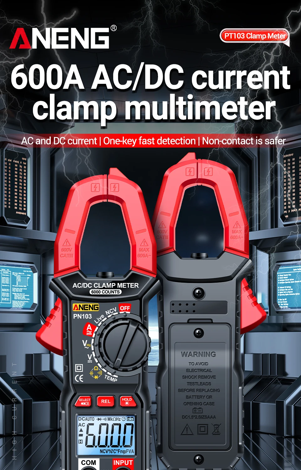 Description Picture 2 of itemANENG PN103 Digital Clamp Meter 600A AC/DC Current Tester Professional Multimeter Clamp True RMS Voltmeter Ohm Tester Meters